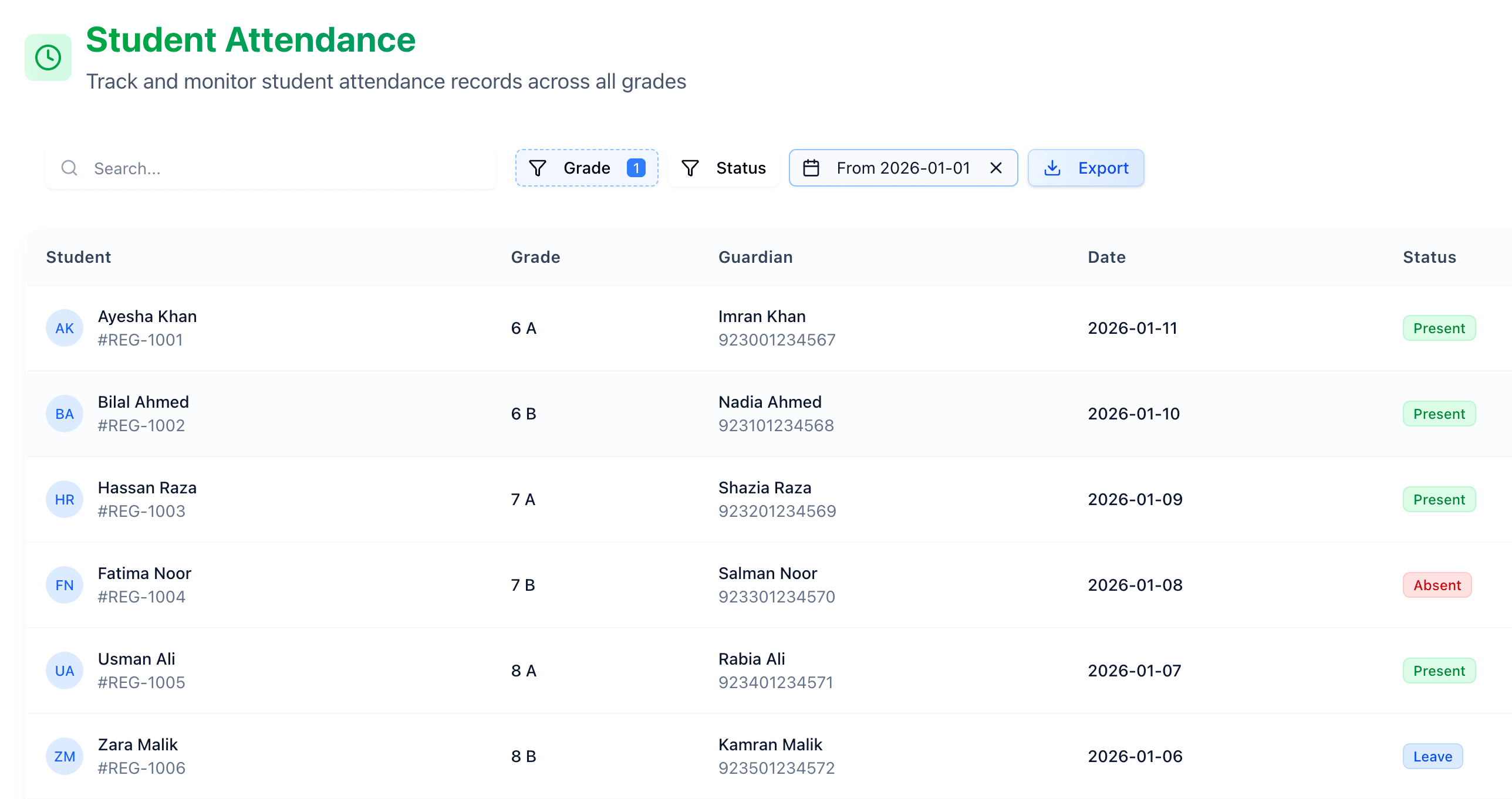 Attendance export table with filters and Excel export button