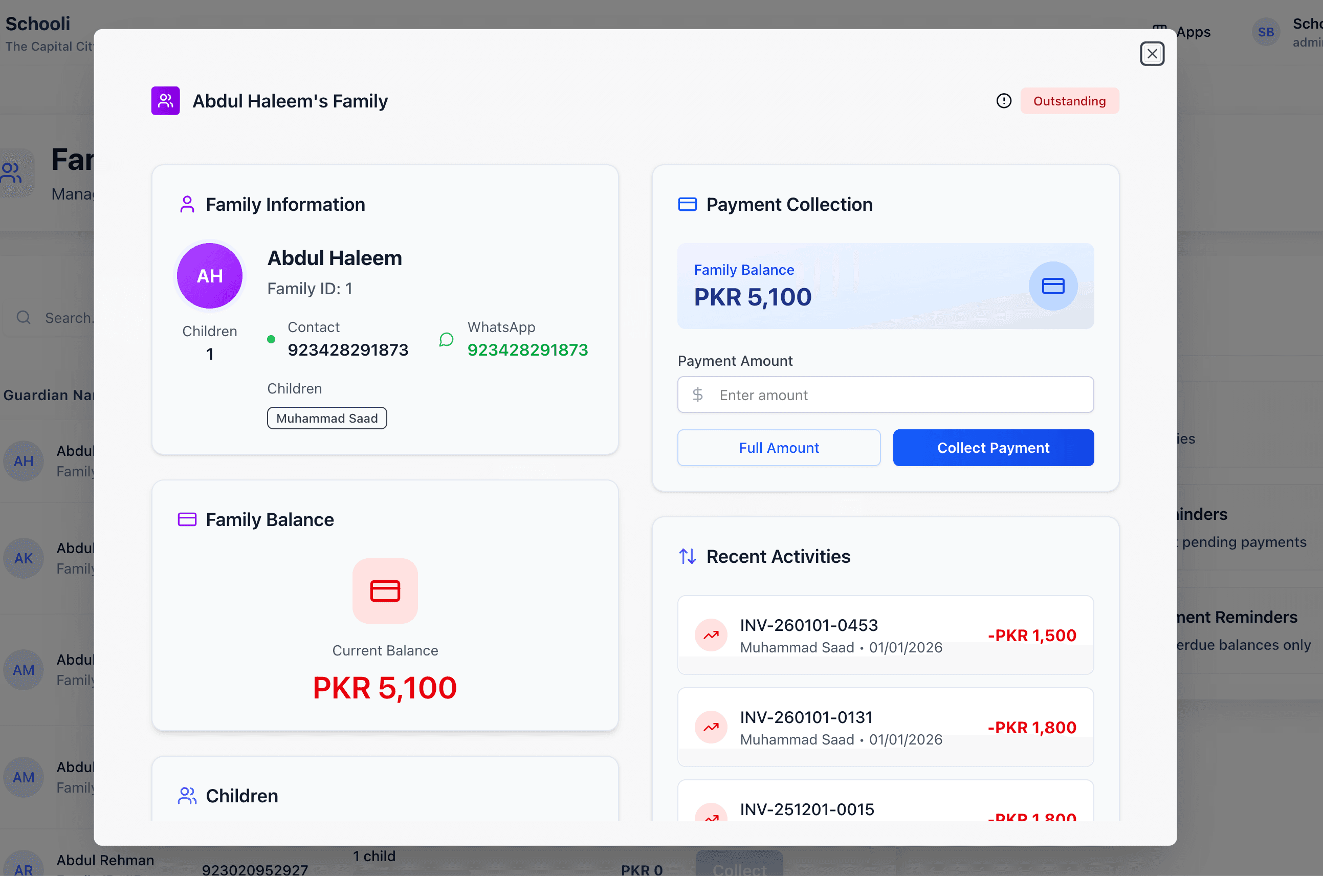 Family account detail view with invoices and payment history