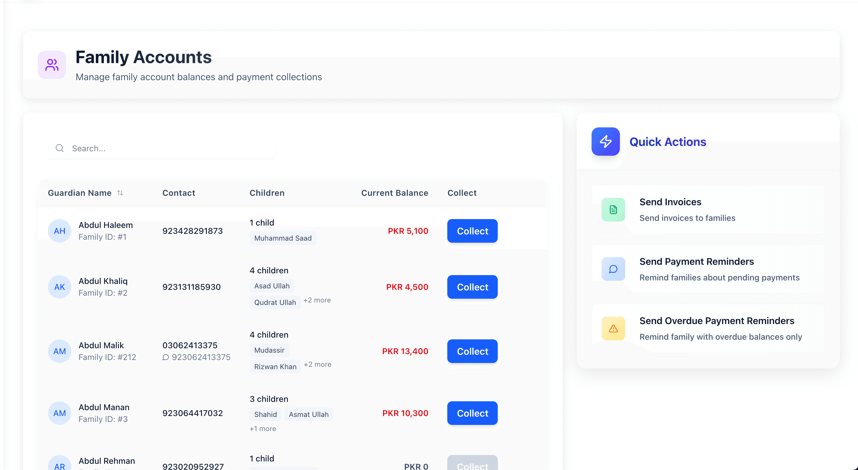 Family accounts view for managing multiple students' fees