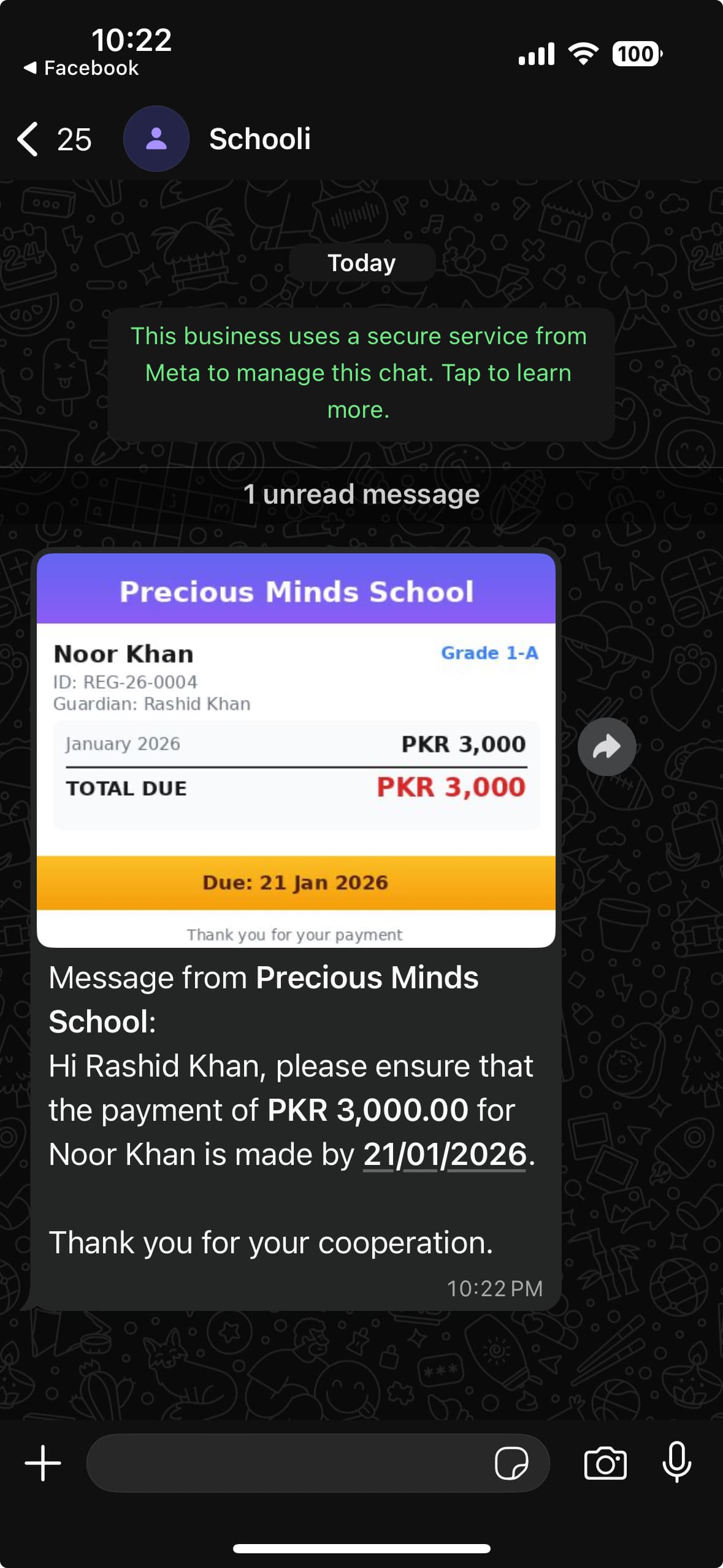 Monthly fee voucher sent to a parent on WhatsApp