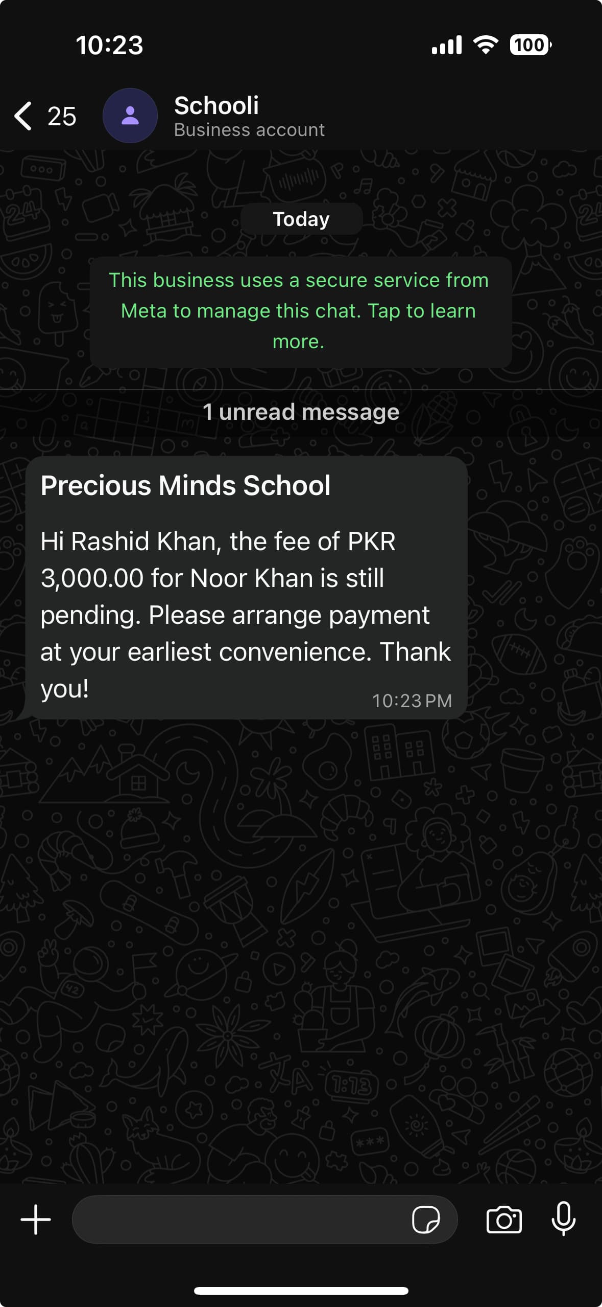 Payment reminder message for pending or overdue fees