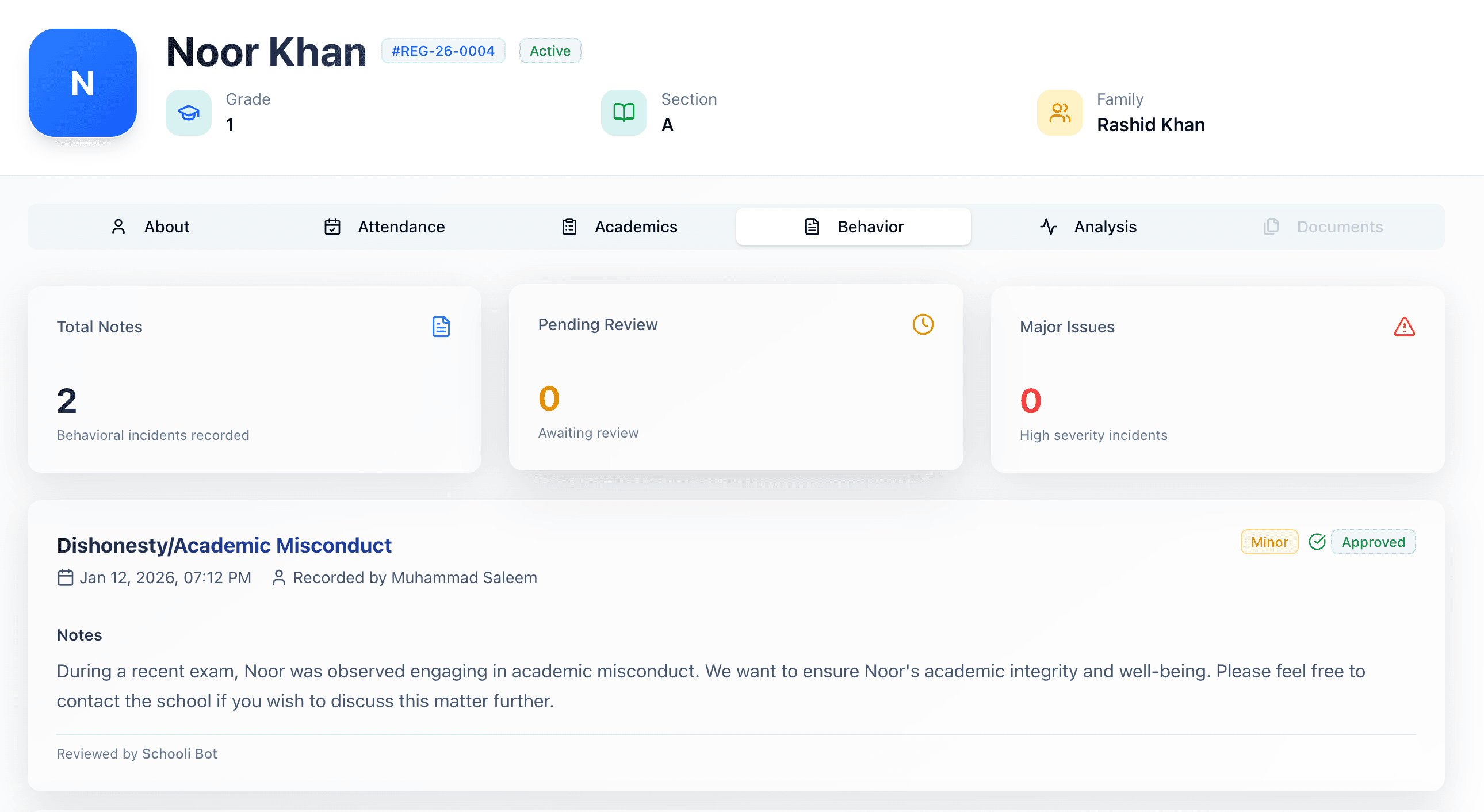 Student behavior history tab with a running list of notes